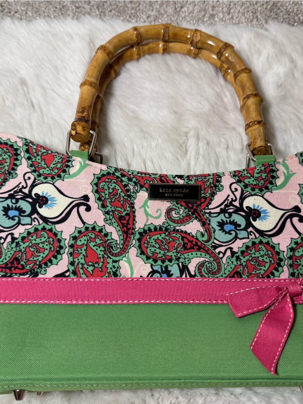 Kate Spade Vintage Green and Pink Paisley Tote with Bamboo Handles